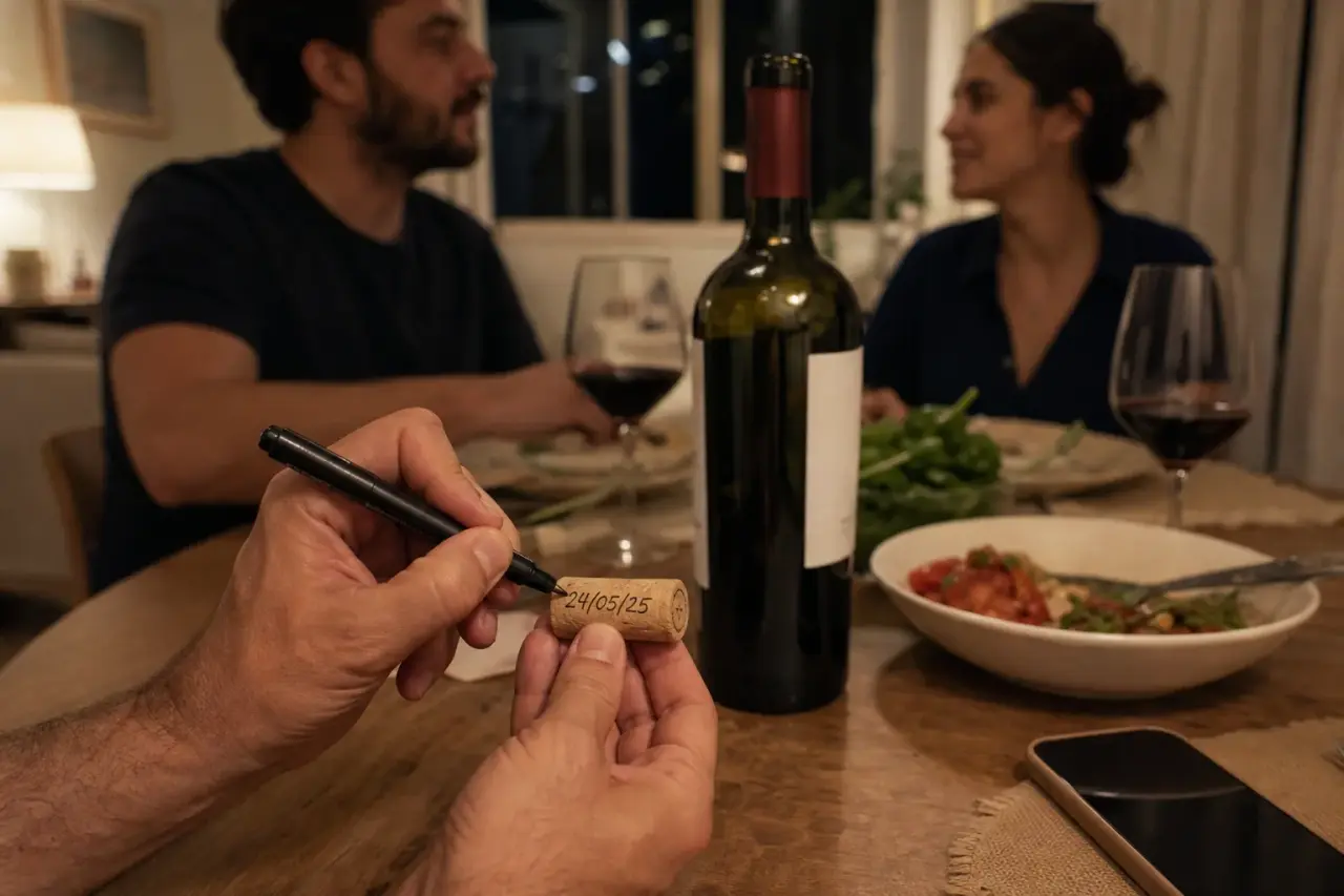 Pessoa escrevendo a data em uma rolha de vinho durante um jantar em casa